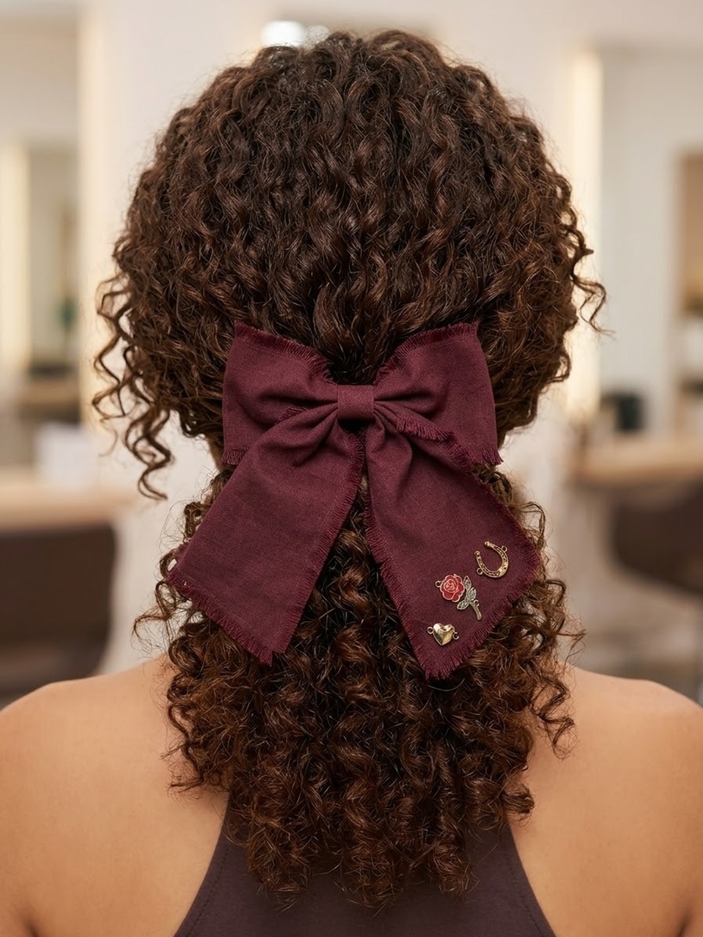 No Boundaries Burgundy Ribbon Bow Hair Scarf with Charm Accents